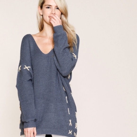 ❄️BLUE MOHAIR BLEND LACE UP SWEATER - Picture 4 of 9